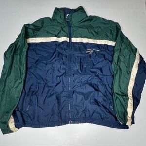 Vintage 90’s Reebok Navy and Green Men’s Colorblock Windbreaker Jacket w/hoodie